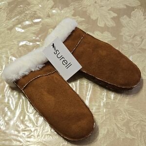 Surell Brown Suede Like Women's Mittens with White Faux Shearling Trim